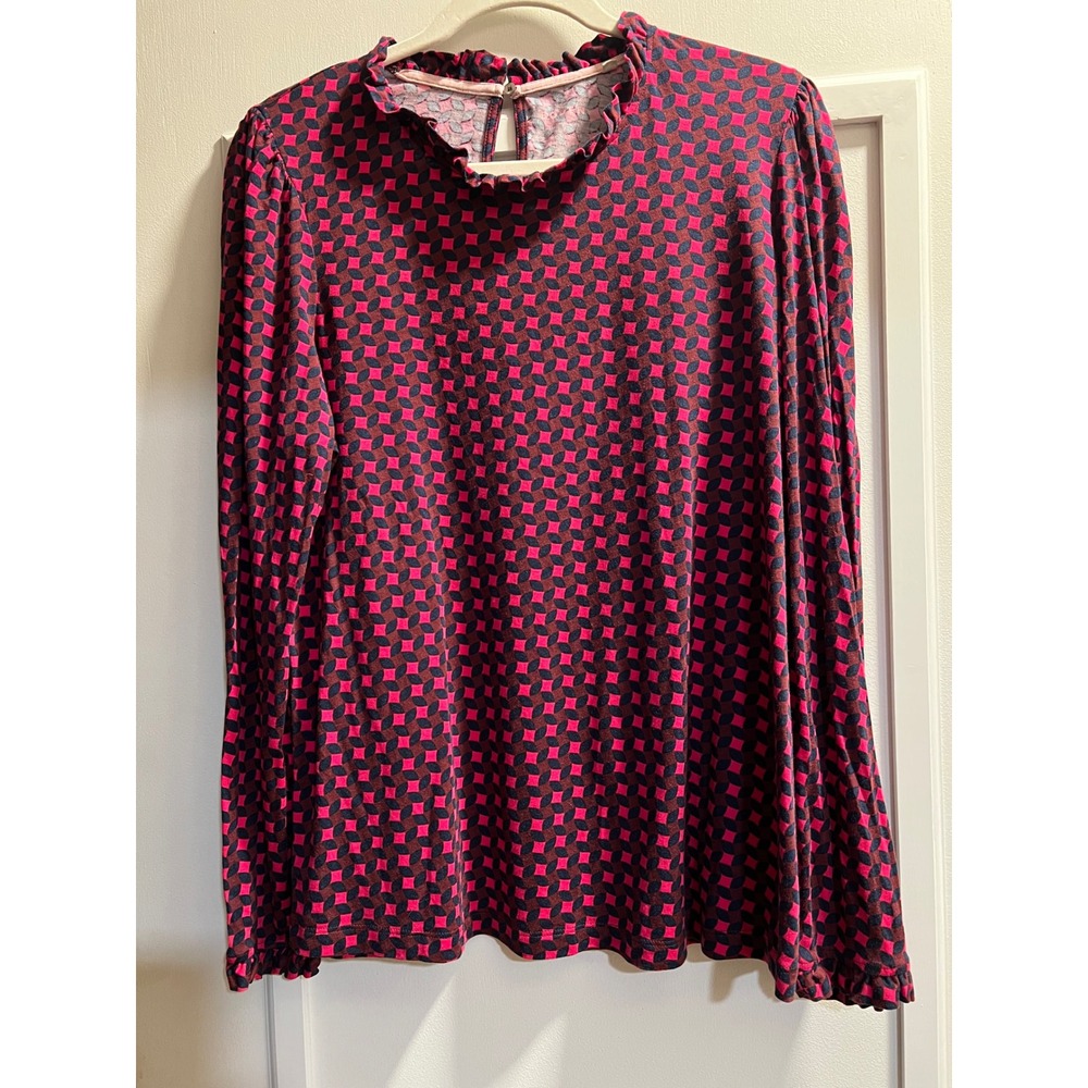 Boden Pink Burgundy Geometric Petal Ruffle Neck Long Sleeve Top US 18 42x26